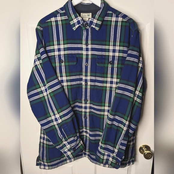 L.L. Bean blue and green plaid flannel lined button up shirt shacket size Large - Picture 1 of 8